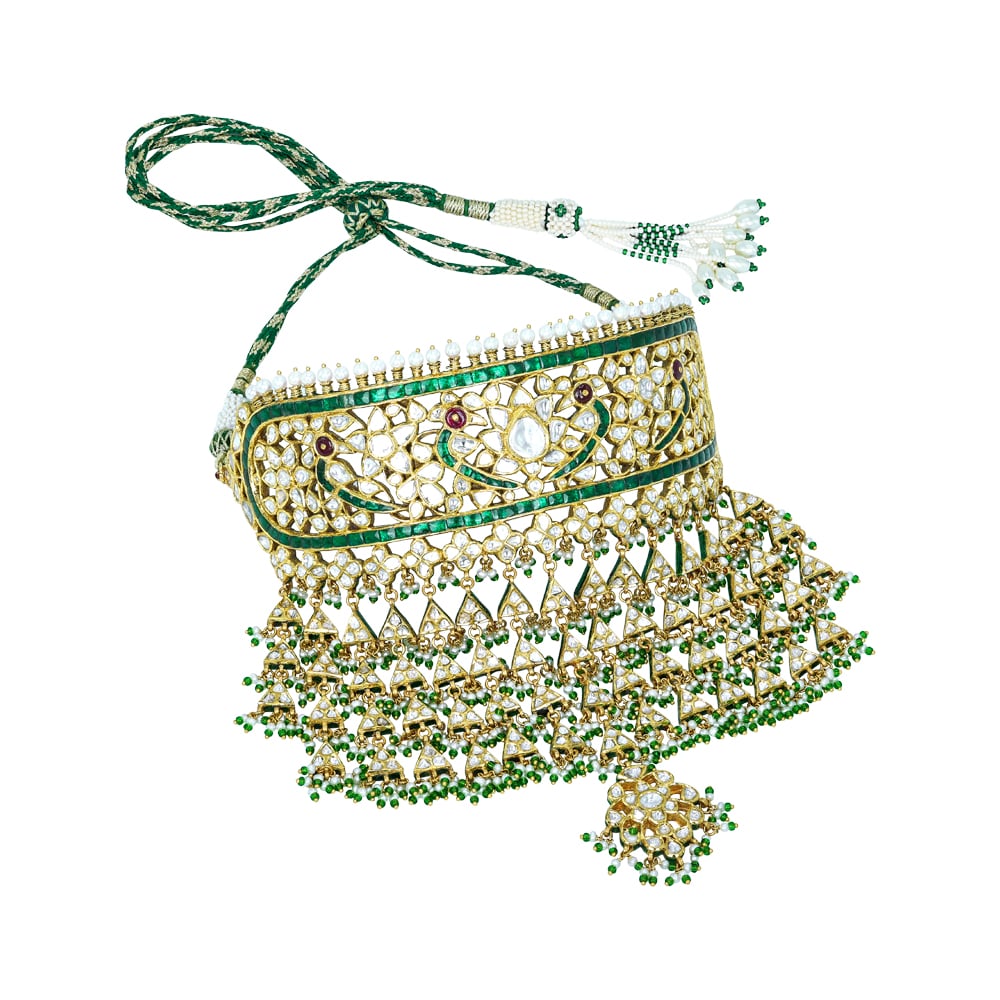 Traditional Polki Choker Aad with Emerald Accents and Pearl Fringe